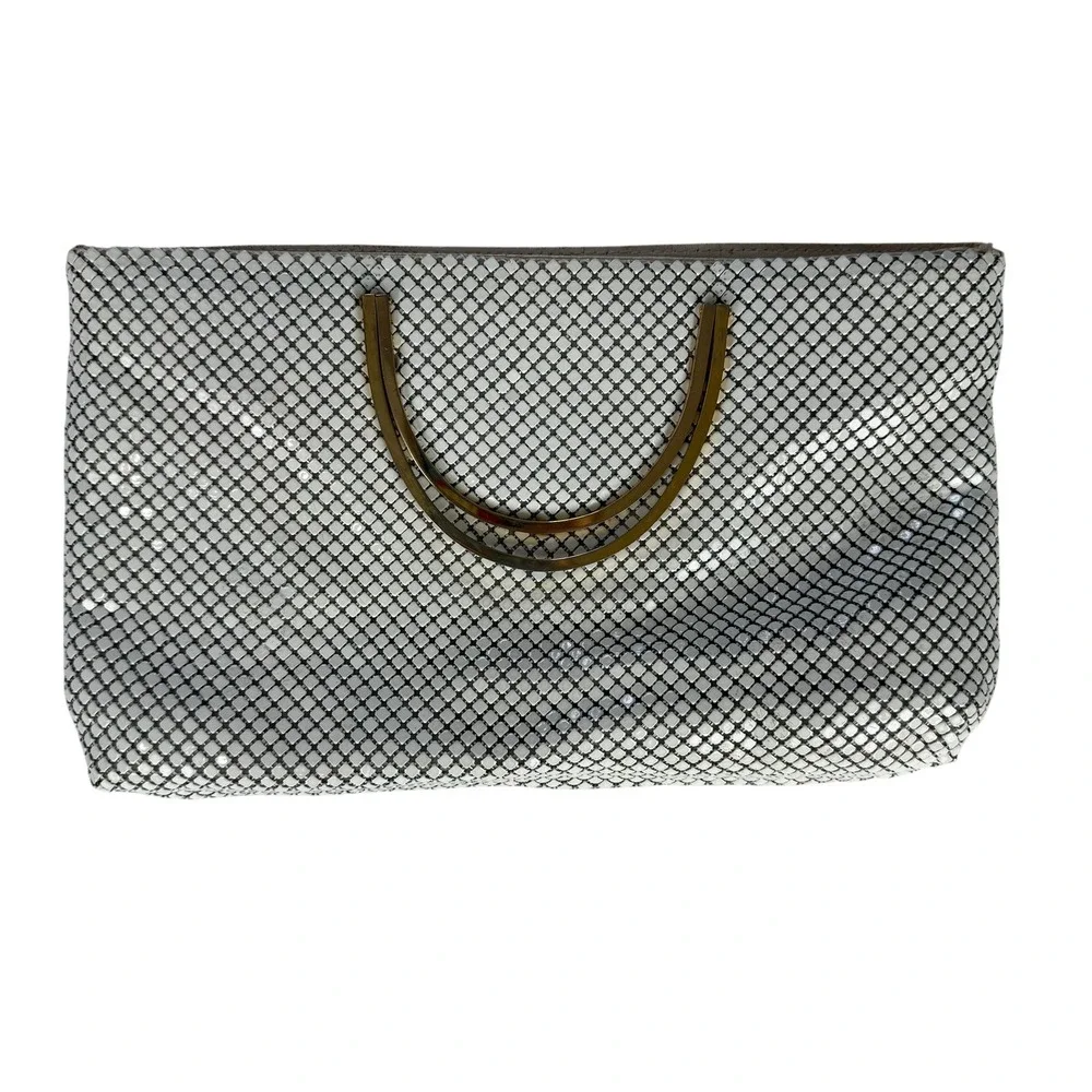 Vintage White Enameled Metal Mesh Evening Bag Gold Ring Handle Clutch Formal